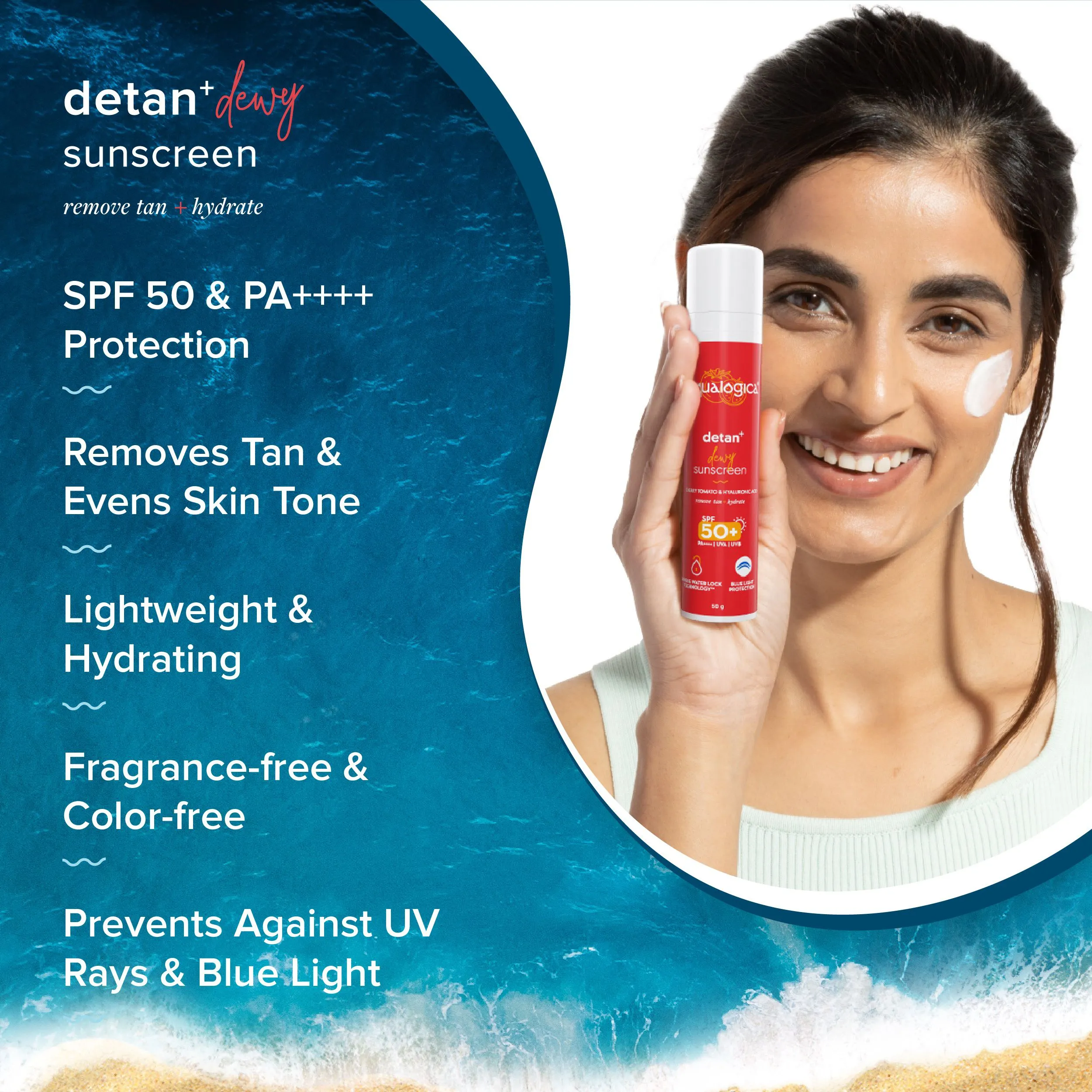 Detan  Dewy Sunscreen with SPF 50  & PA     for UVA/B & Blue Light Protection & No White Cast - 50g