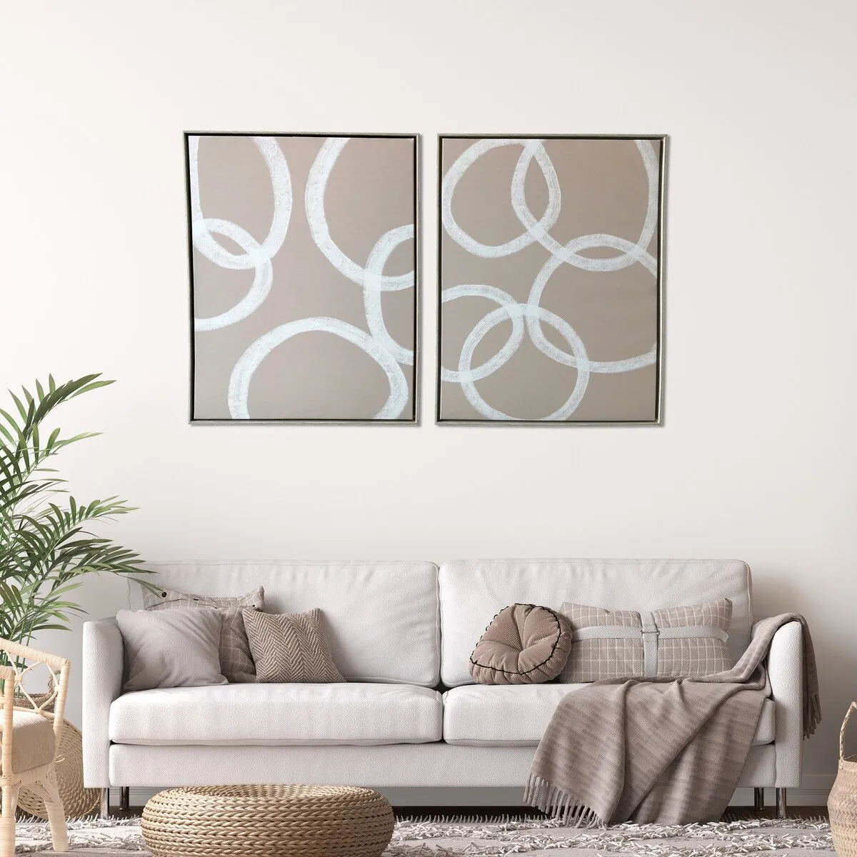 "Blush Pink Circles" 2 Piece Set on Natural Wood Floating Framed Canvas Wall Art