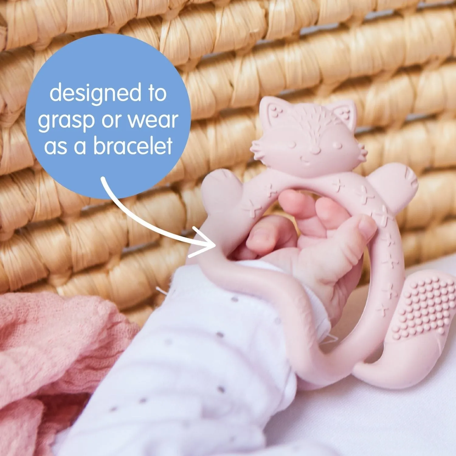 Silicone Wrist Teether Fox Blush Pink